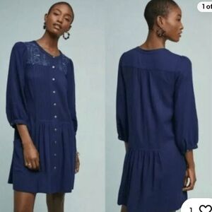 Anthropologie Dubois Navy Blue Embroidered Tunic Dress Size 2P